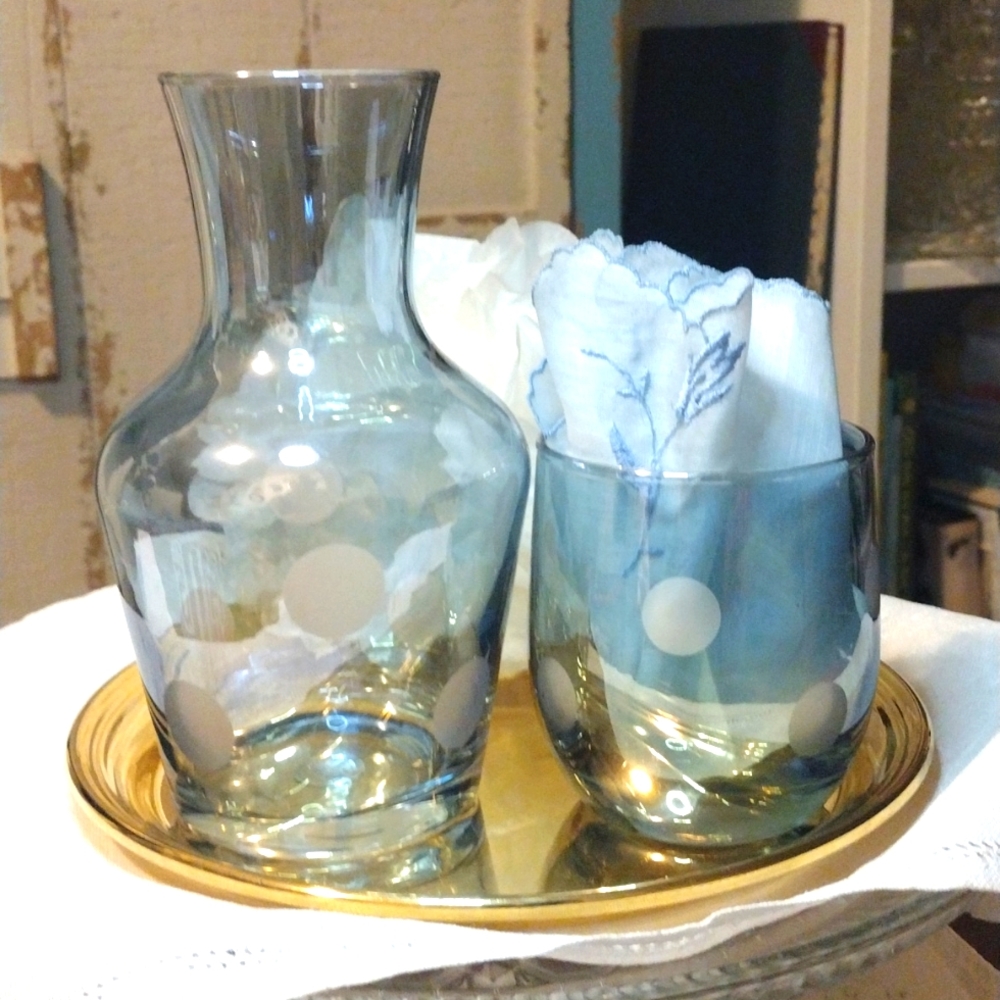 Bedside Carafe and Glass Made in Italy light blue glass with dots